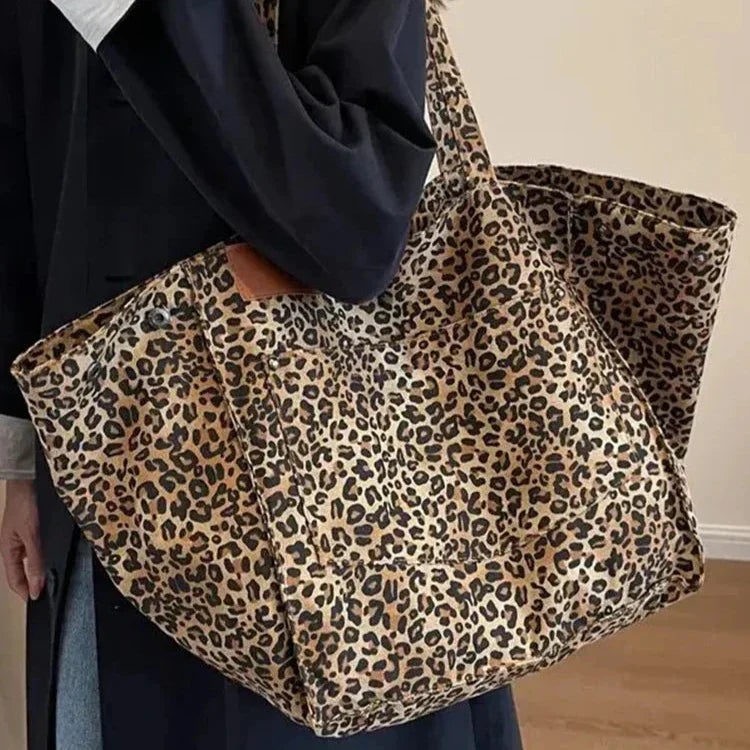 OLIVIA'S STYLISH BLACK TOTE – VINTAGE LEOPARD CANVAS BAG